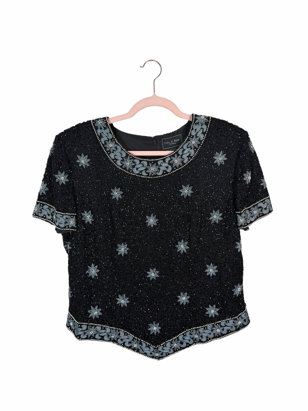 Vintage Cote d’Azur Evening 100% Silk Beaded Blouse XL Black Embroidered